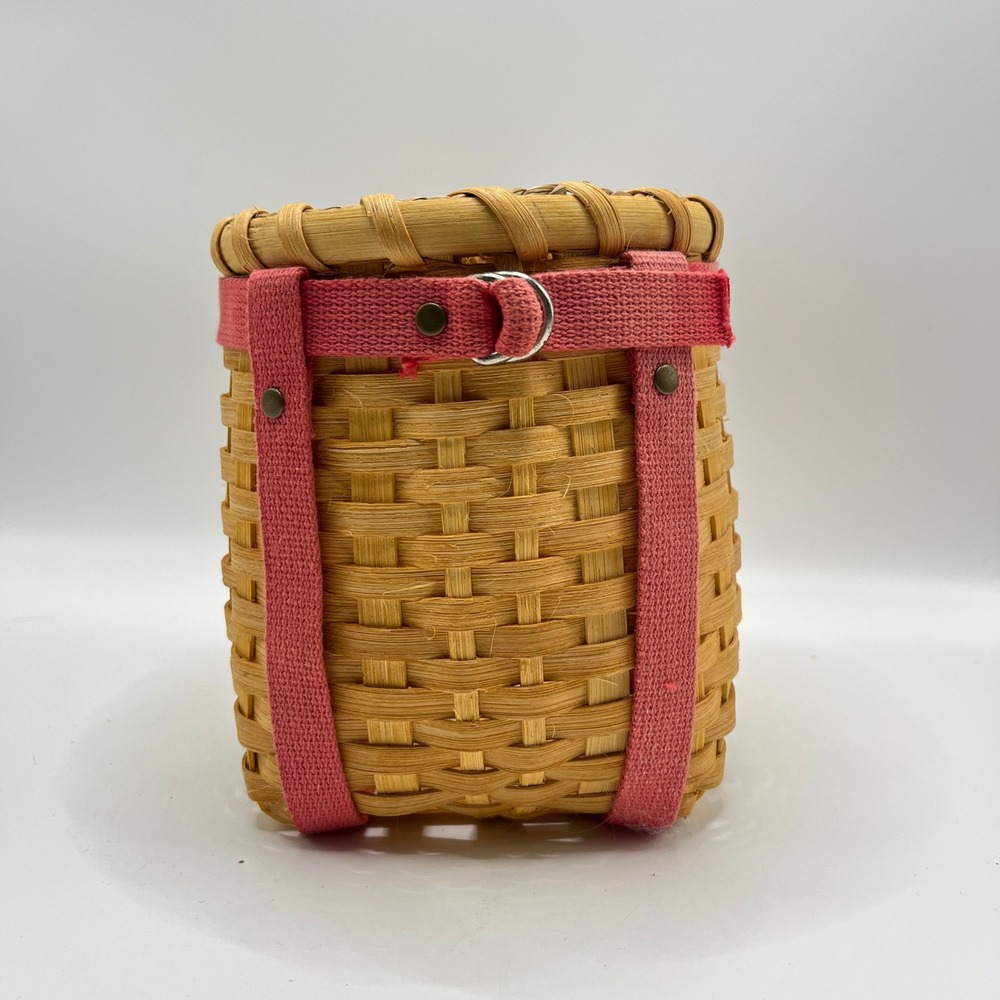 Vintage Miniature Adirondack Pack Basket Woven Wood Red Straps Decor Doll Size